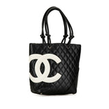 CHANEL Matelasse Deca Coco Mark Cambon Line Handbag Tote Bag Black Lambskin Women's