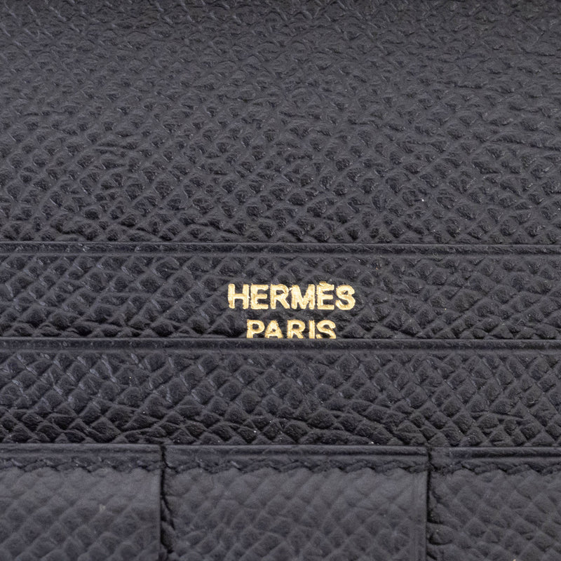 Hermes Bearn Soufflet Bi-fold Long Wallet Black Epsom Leather Women's A Stamp HERMES