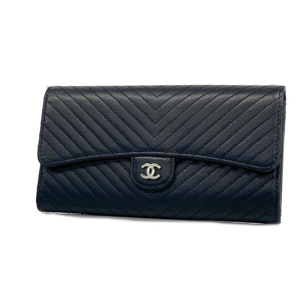 Chanel Long Wallet V Stitch Caviar Skin Black Women's