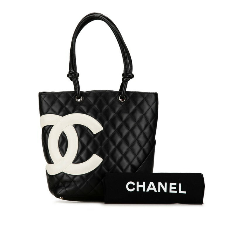 CHANEL Matelasse Deca Coco Mark Cambon Line Handbag Tote Bag Black Lambskin Women's