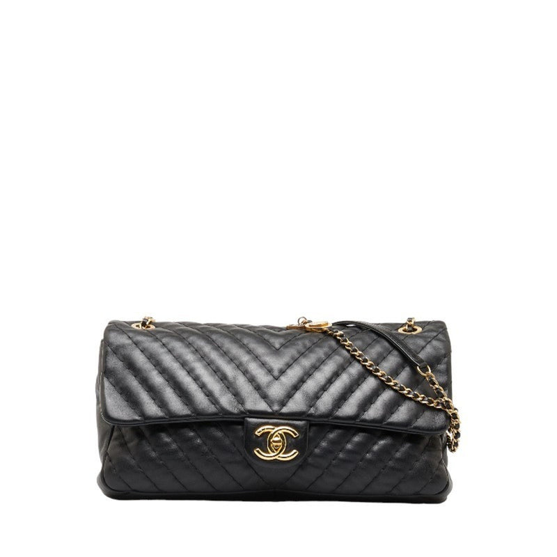 Chanel Coco Mark Chain Shoulder Bag Black Gold Lambskin Women's CHANEL