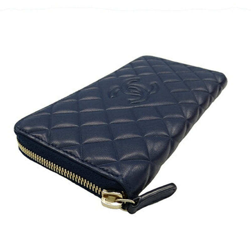 CHANEL Wallet Matelasse Women's Men's Long Lambskin Navy Round