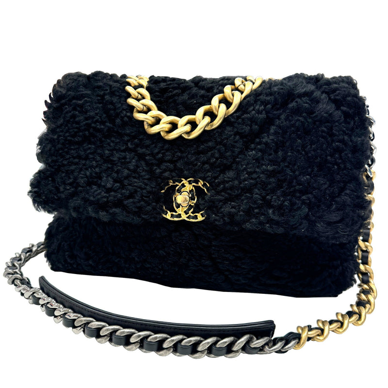 CHANEL 19 Medium Shearling Sheepskin Chain Shoulder Bag Leather Women's Black Hardware 30s