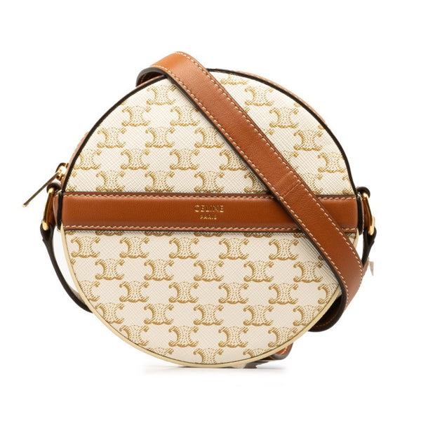 Celine Triomphe Round Purse Shoulder Bag Tan White PVC Leather Women's CELINE