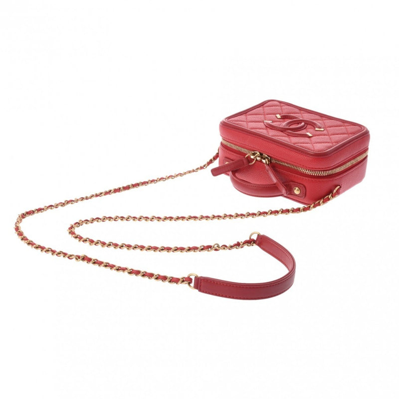 CHANEL CC Filigree Small Vanity Chain Shoulder Bag Red A93343 Women's Caviar Skin Handbag