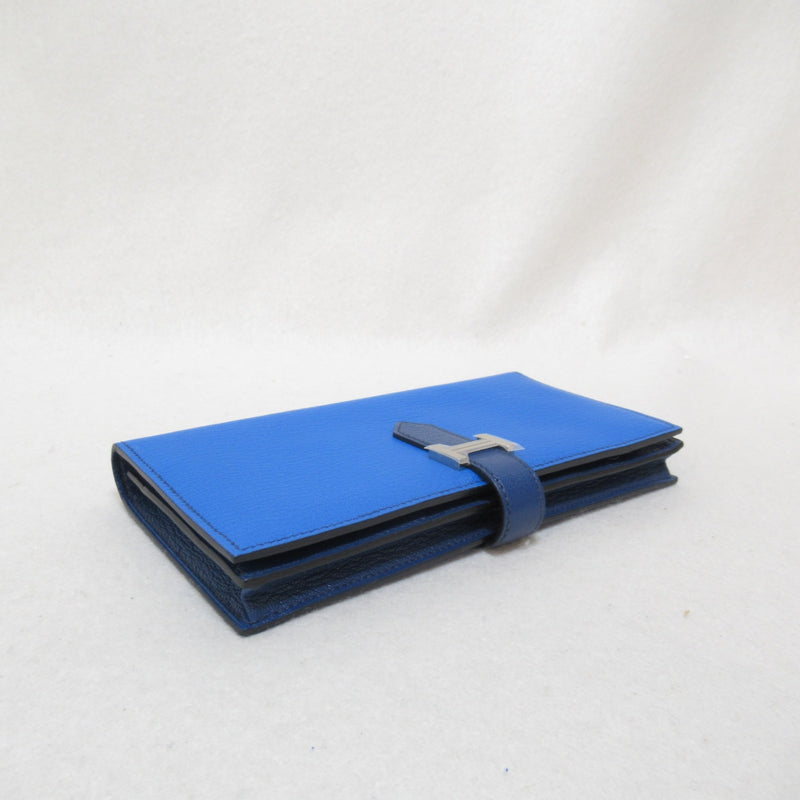 HERMES Bearn Souffle Bifold Long Wallet Blue Shave leather