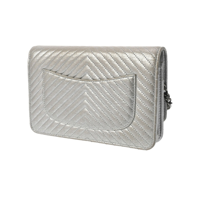 CHANEL V-stitch chain wallet, silver, women's lambskin shoulder bag