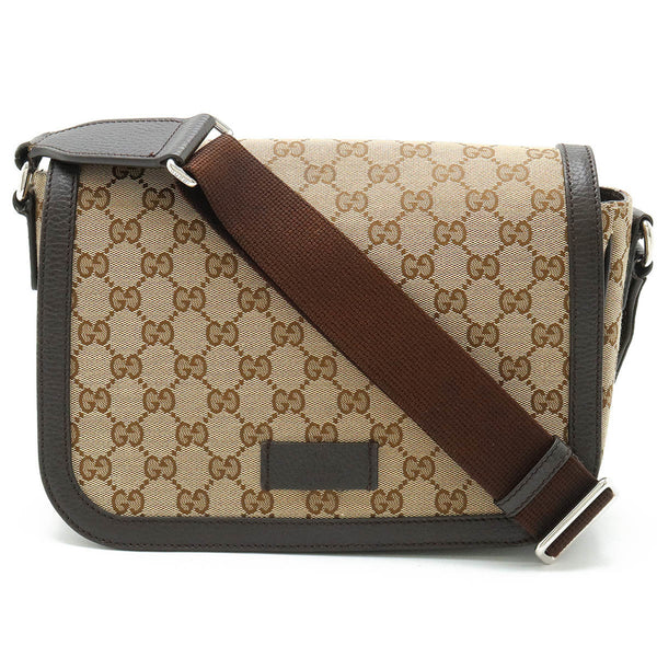 GUCCI GG canvas shoulder bag leather khaki beige dark brown 449172