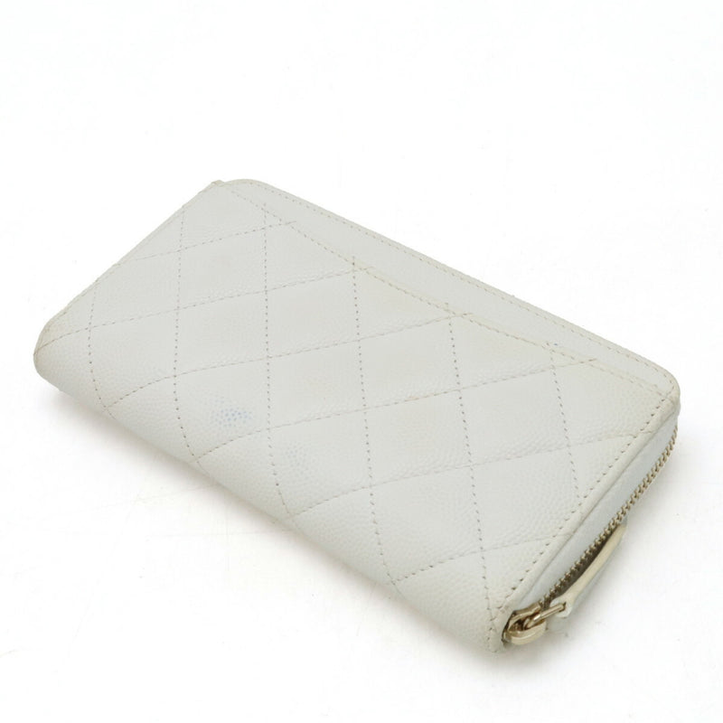 CHANEL Chanel Matelasse Coco Mark Small Zip Wallet Round Caviar Skin Leather White AP0226