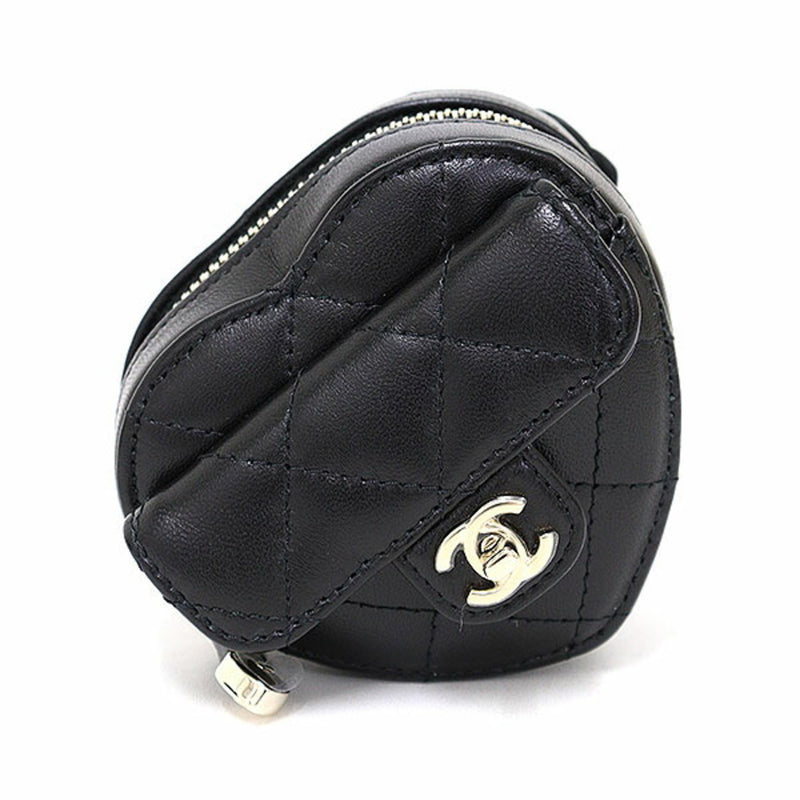 Chanel Heart Shape Arm Coin Case Lambskin Black Matelasse AP2786 Mini Pouch