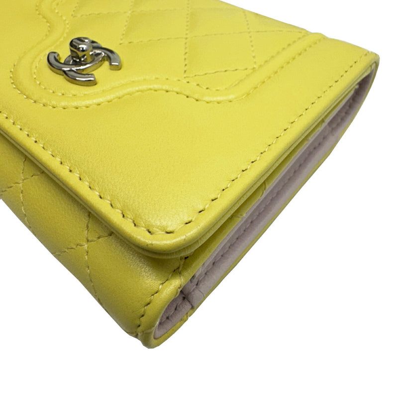 CHANEL Matelasse Mademoiselle Small Flap Wallet Tri-fold Lambskin Leather Yellow Pink 24th Series Women's