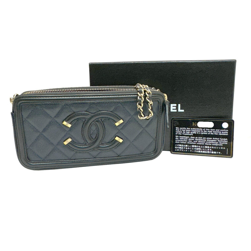 CHANEL CC Filigree Chain Wallet Bagiaskin Navy Black A84450