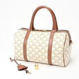 CELINE Boston Bag 19037 Triomphe Canvas Calf Tan White E-156517