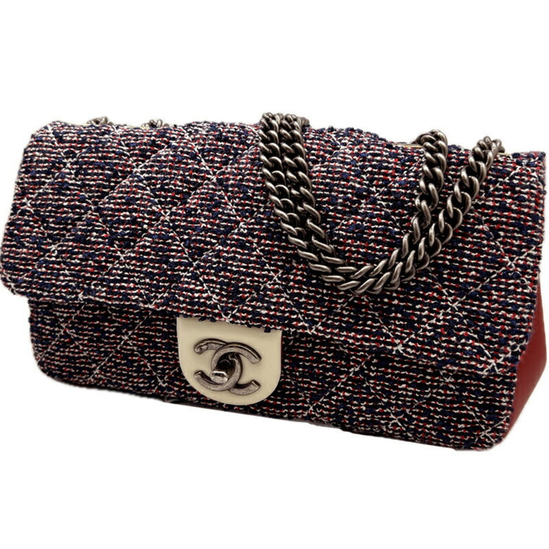 CHANEL Chanel Matelasse Tweed Chain Shoulder Bag Navy Red White Silver Handbag Women's