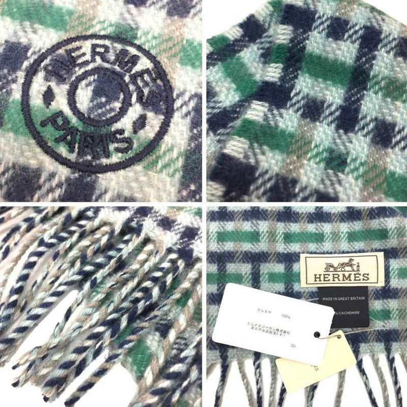 HERMES Hermes Stole Muffler H Ecoce Rectoverso 22AW 100% Cashmere Navy Blue Green Shawl aq9414