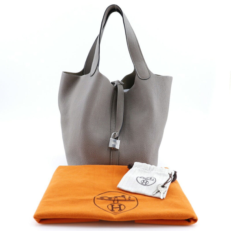 HERMES Pico Tan Lock MM Handbag x Taurillon Novillo Griasphalt Made in France 2019 Gray D A5 Open Women's