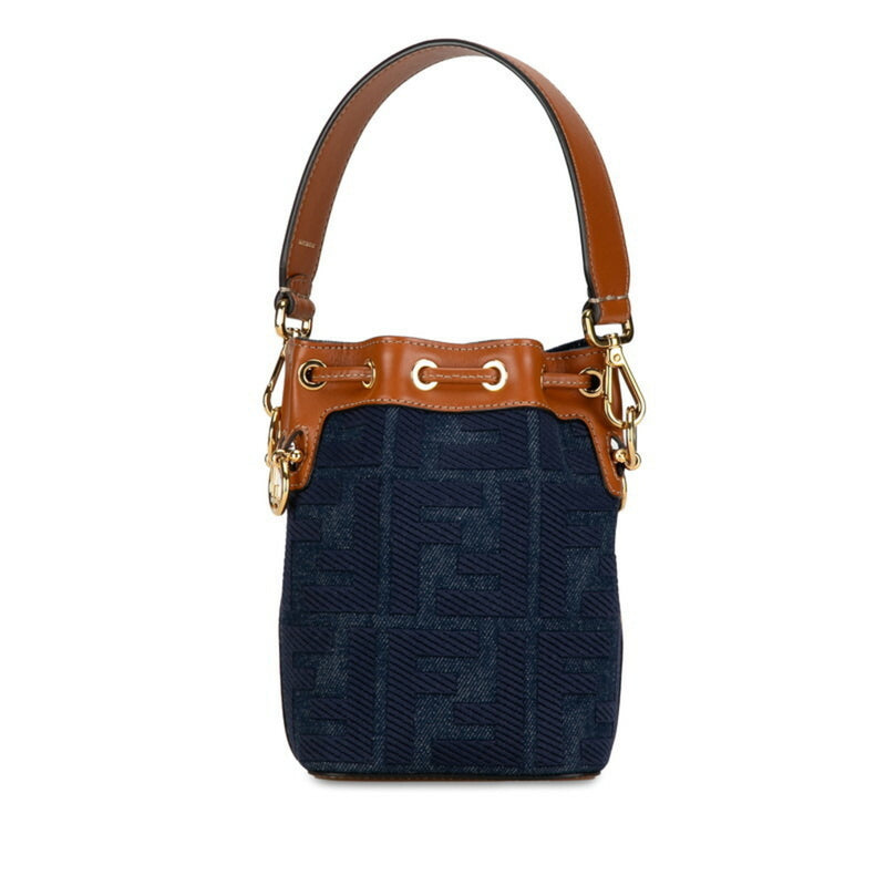 FENDI ZUCCA MONTRESOR HANDBAG SHOULDER BAG 8BS010 NAVY BROWN DENIM LEATHER WOMEN'S