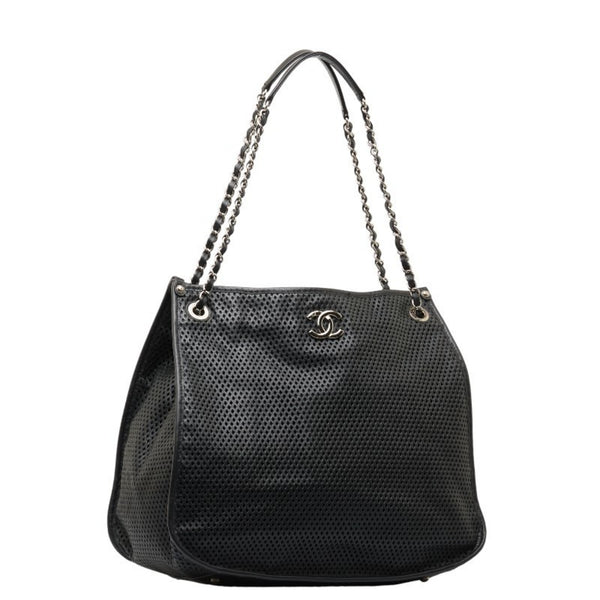 Chanel Coco Mark Punching Chain Shoulder Bag Tote Black Leather Women's CHANEL