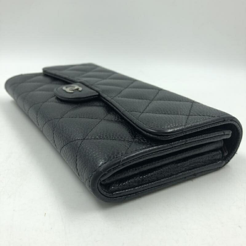 CHANEL Caviar Skin Matelasse Timeless Classic Flap Long Wallet Black A80758