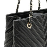 CHANEL V-stitch chevron tote bag, chain shoulder enamel leather, black A93052