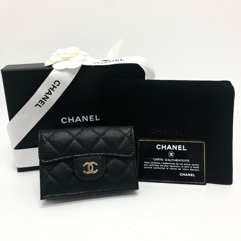 CHANEL A84401 Coco Mark Matelasse Compact Wallet Purse Tri-fold Caviar Skin Women's Black