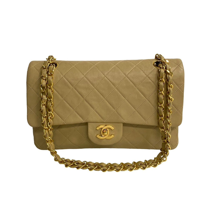 CHANEL Chanel Matelasse Double Flap 25cm Leather Chain Handbag Beige 14514