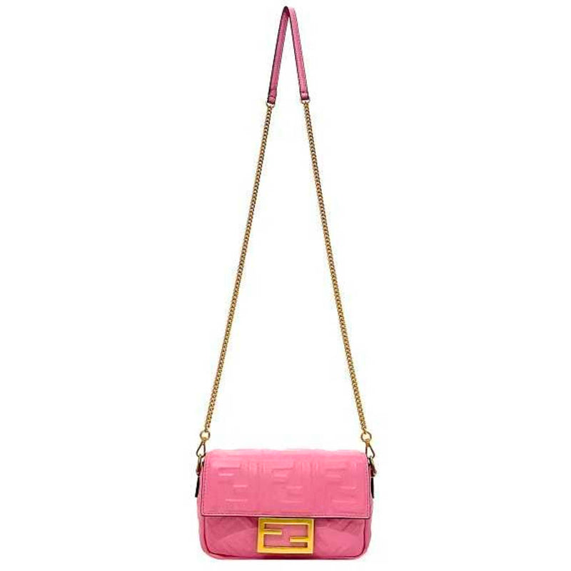 Fendi Baguette Small Pink Gold 8BS017 Leather GP FENDI Shoulder Bag FF Embossed Ladies Chain