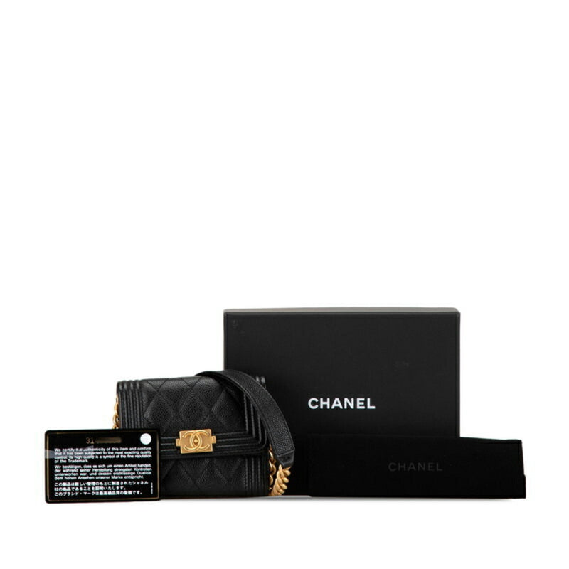 Chanel Boy Chain Wallet Shoulder Bag Black Gold Caviar Skin Women's CHANEL