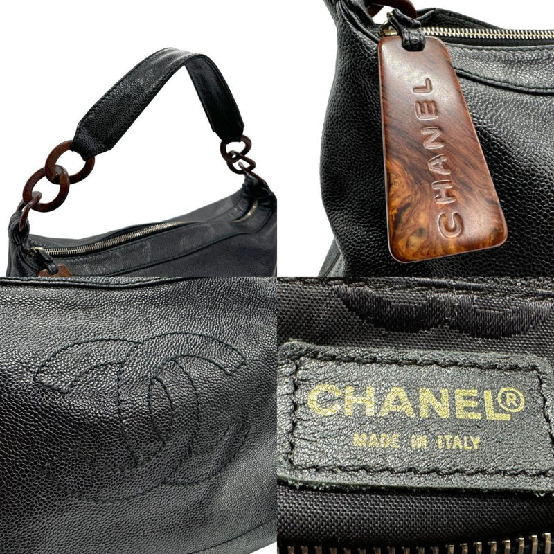 CHANEL Shoulder Bag Coco Mark Caviar Leather Wood Black Brown Women's z1858