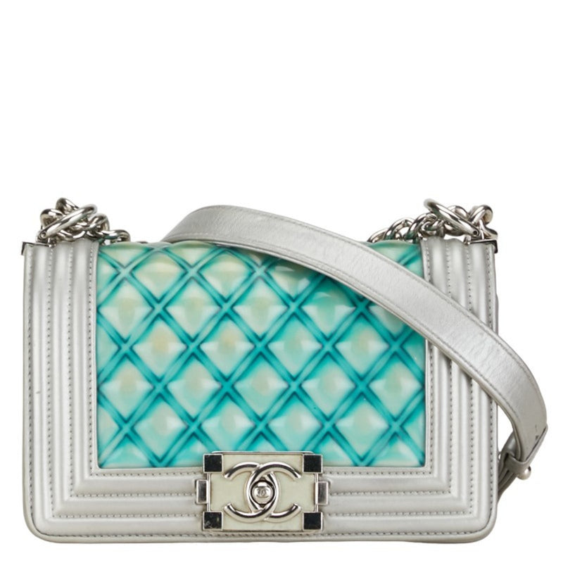 Chanel Matelasse Boy Coco Mark Chain Shoulder Bag Green Silver Enamel Leather Women's CHANEL