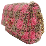 CHANEL Tweed Flap Bag Chain Shoulder Pink Gold Ladies Check Small