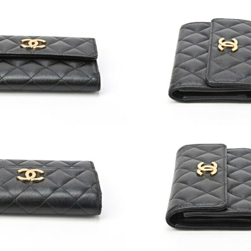 CHANEL Matelasse Medium Flap Wallet AP2963 Caviar Skin Black Gold S-155522