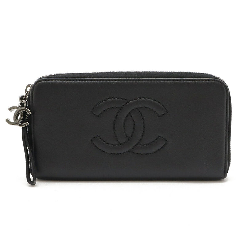 CHANEL Luxury Line Coco Mark Round Long Wallet Chain Leather Black