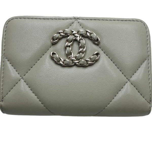 CHANEL 19 Zip Coin Purse CC Mark AP0949 Case Leather Gray 083389