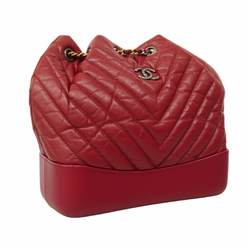 Chanel Backpack Daypack V-Stitch Leather Red Gold Women's