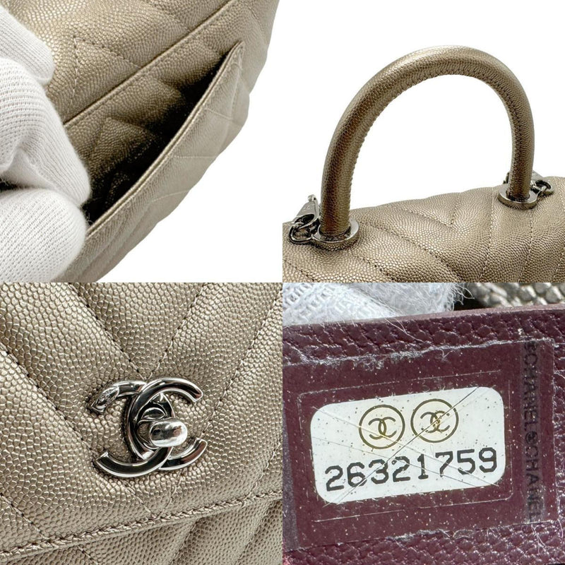 CHANEL Handbag Shoulder Bag V Stitch Coco Handle XS Caviar Skin Leather Metallic Khaki Women's n0128