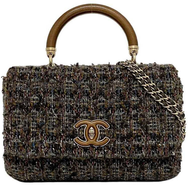 Chanel 2-way chain shoulder bag f-21148 brown grey matelasse tweed wood 26 series CHANEL handle wooden coco mark turn lock single flap compact