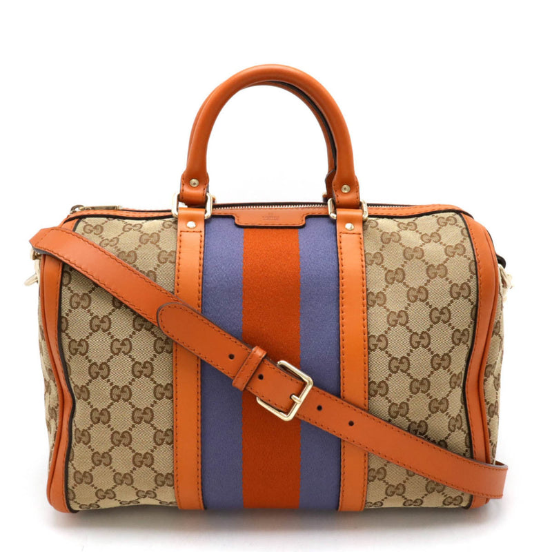 GUCCI Gucci GG Canvas Sherry Line Handbag Boston Shoulder Bag Leather Khaki Beige Orange 247205