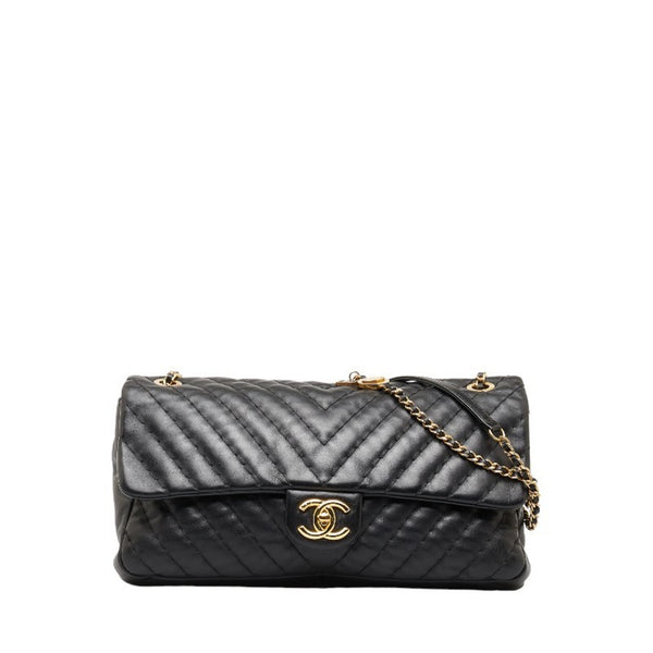 Chanel Coco Mark Chain Shoulder Bag Black Gold Lambskin Women's CHANEL