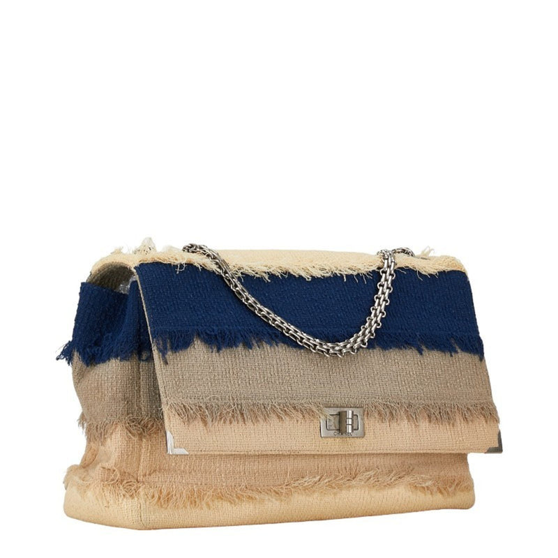 Chanel Chain Shoulder Bag Beige Navy Linen Women's CHANEL