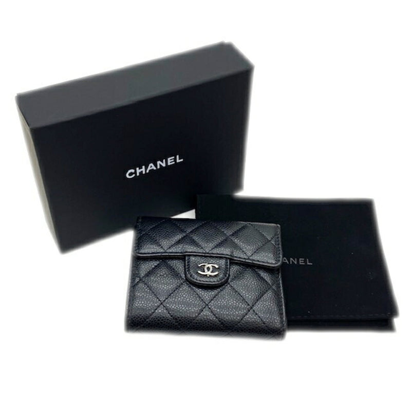 CHANEL Classic Small Flap Wallet Random Number Tri-Fold Caviar Skin AP0231 Black Matelasse Women's