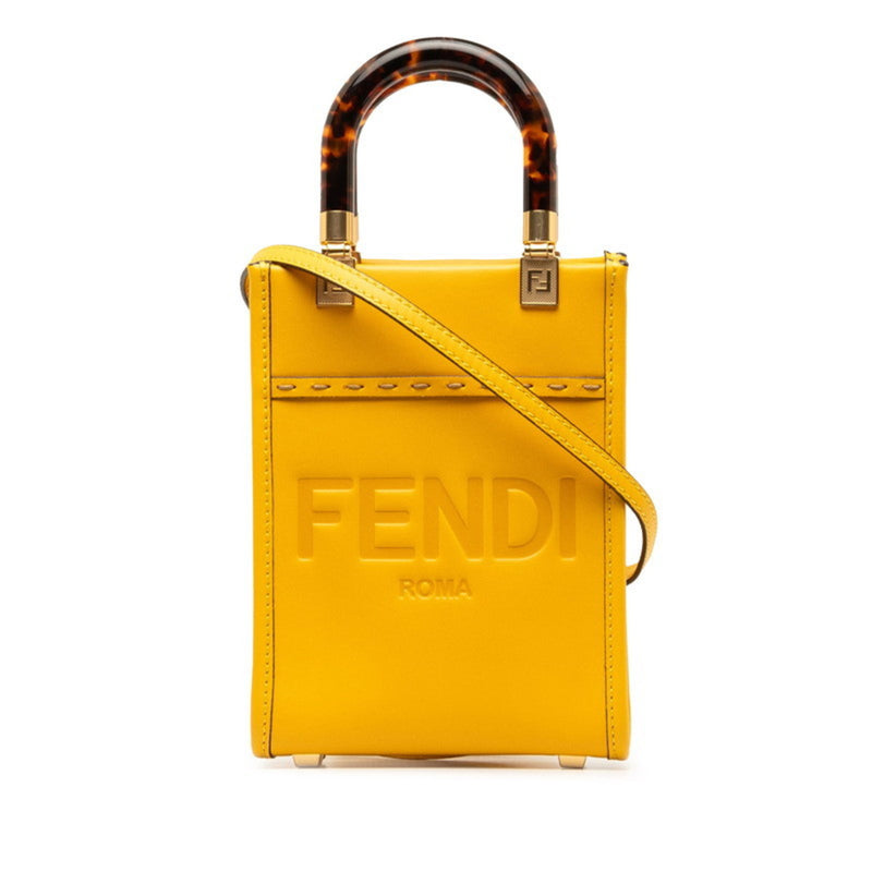 FENDI Sunshine Shopper Small Handbag Shoulder Bag 8BS051 Yellow Leather Women's