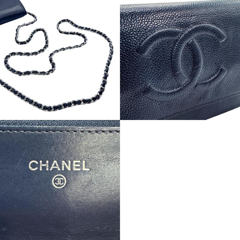 CHANEL Wallet Chain Shoulder Bag Caviar Skin Leather Metal Navy Silver Women's z1216