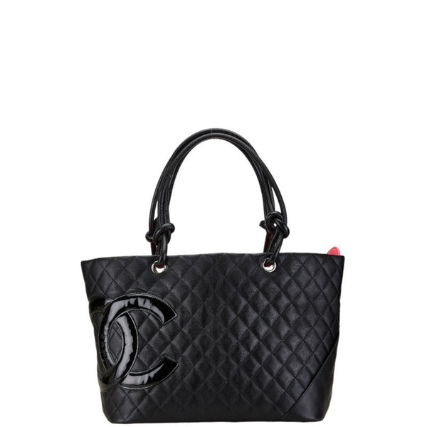 CHANEL Cambon Line Coco Mark Tote Bag Black Lambskin Patent Leather Women's