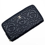 CHANEL Round Long Wallet Camellia Coco Mark Embossed Leather Navy Silver Women's w0460j