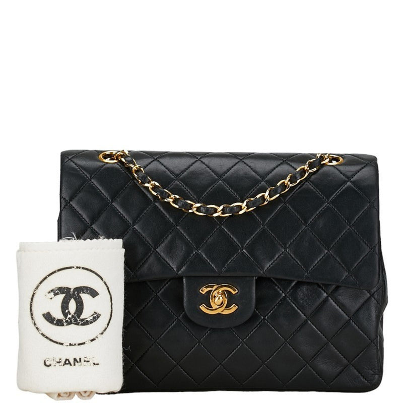 Chanel Matelasse 25 Coco Mark Double Flap Chain Shoulder Bag Black Lambskin Women's CHANEL