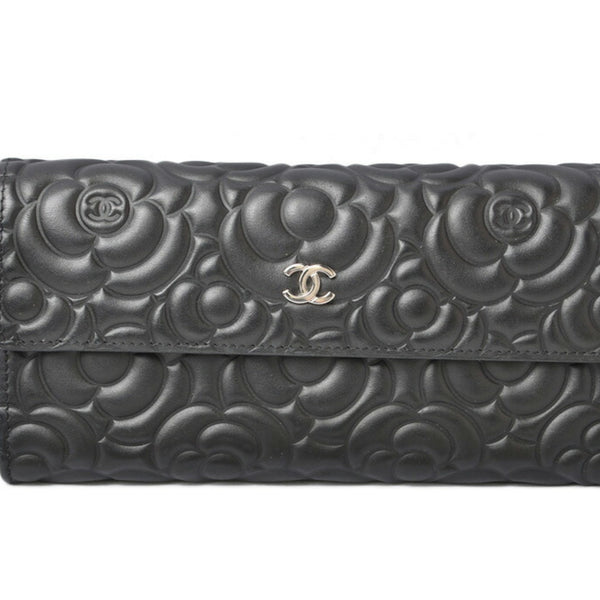 CHANEL Wallet Camellia Lambskin Black A82283