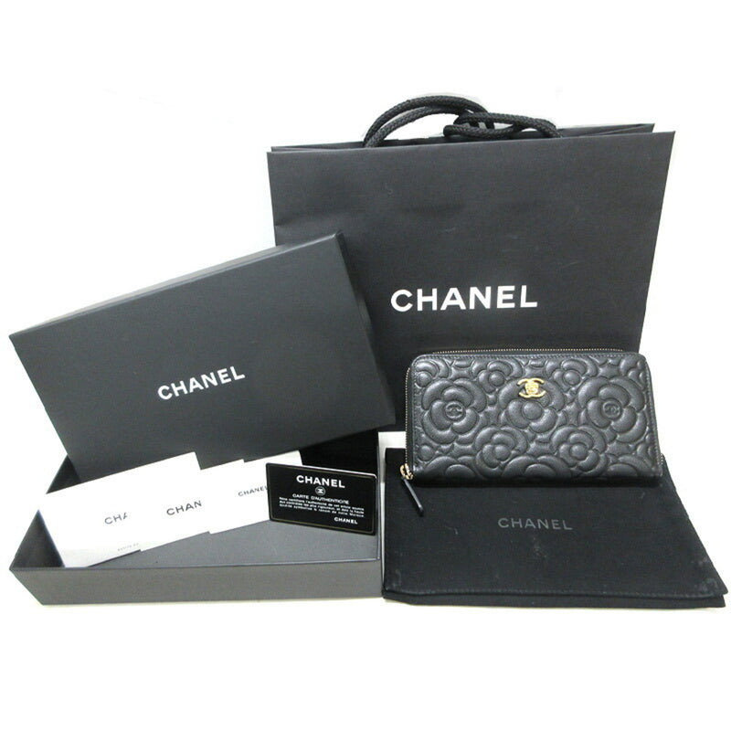 CHANEL Camellia Caviar Skin Round Long Wallet for Women in Black Calf Leather