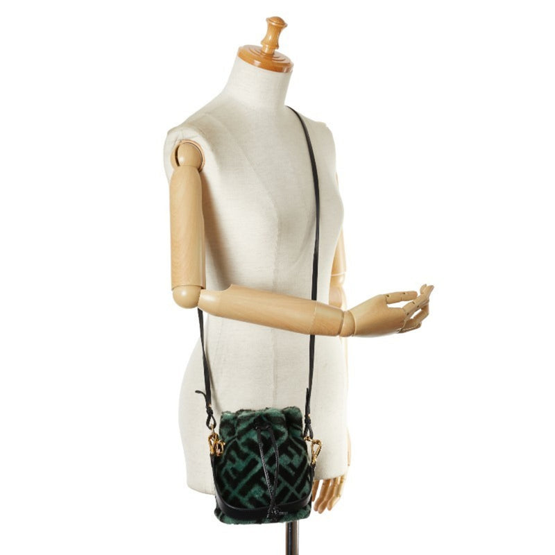 FENDI ZUCCA MON TRESOR BUCKET BAG SHOULDER 8BS010 GREEN BLACK FUR LEATHER WOMEN'S