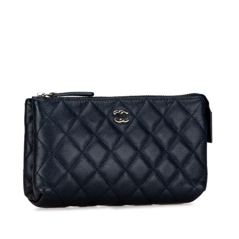 Chanel Coco Mark Pouch Navy Silver Leather Women's CHANEL